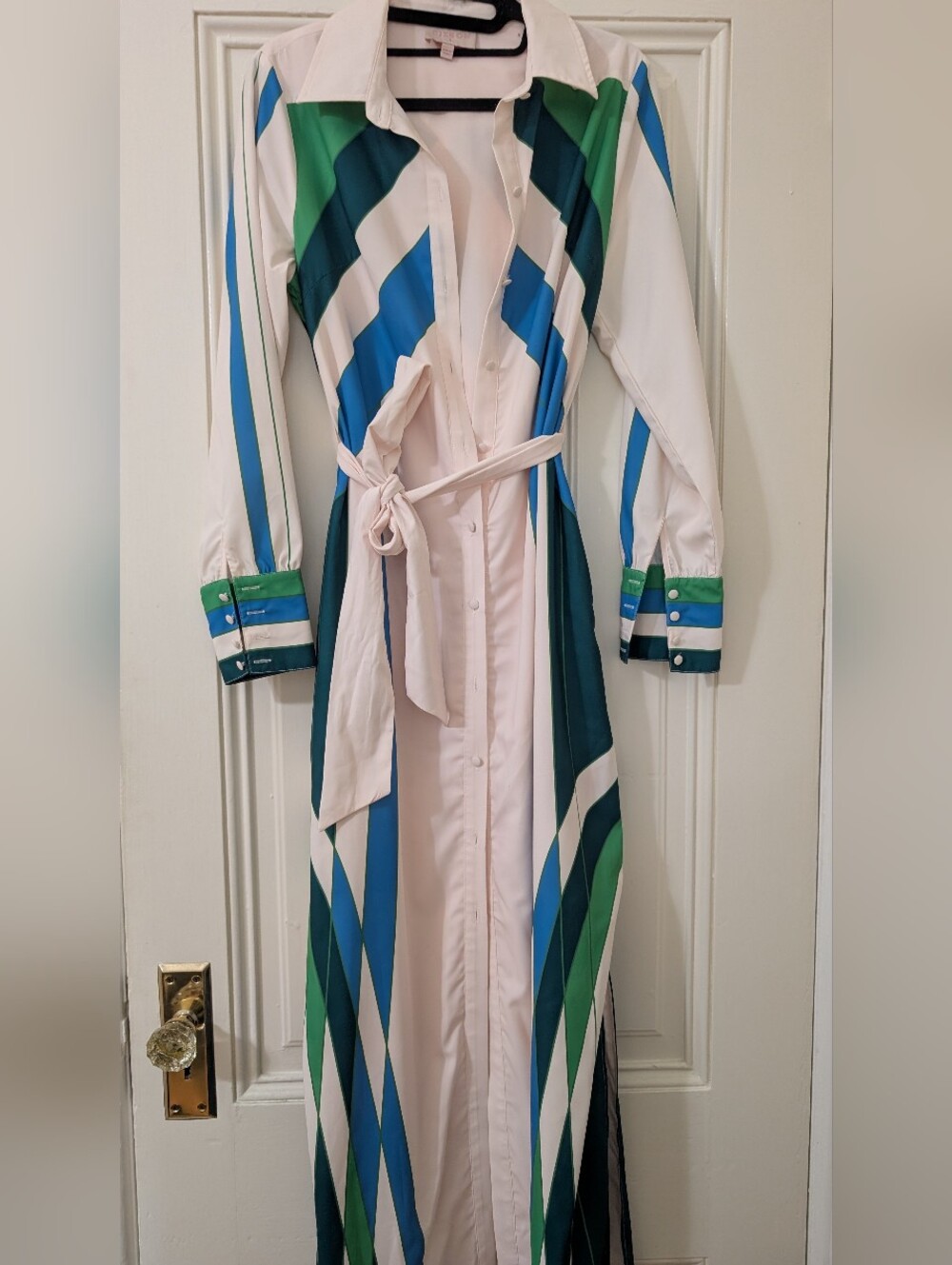 Striped Maxi Shirt Dress with Belt - Blue & Green